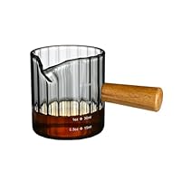 Denovin Glass Measuring Cup, 3oz Espresso Shot Glass with Wood Handle, Single Spout Measuring Cups Pitcher Milk Cup Coffee Shot Glasses (Gray Ribbed)