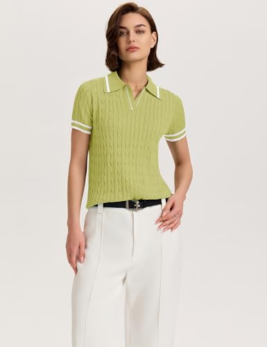 Image of Micoson Womens Short Sleeve Sweater Tops Lapel V Neck Polo Shirts 2026 Summer Cable Knit Loose Blouse Business Casual Outfits