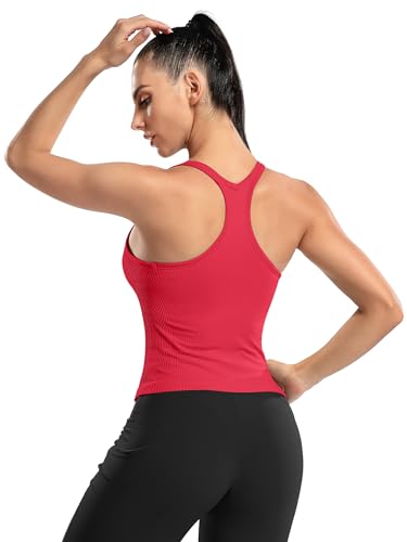 Image of ATTRACO Ribflex Ribbed Workout Crop Tops with Built in Bra for Women Yoga Racerback Tank Top Slim Fit