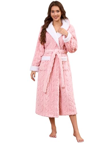 Image of UMIPUBO Womens Dressing Gown Ladies Fluffy Long Robe with Hooded Soft Fleece Plush Bathrobe Plus Size Warm Cosy Housecoat with 2 Pockets Luxury Loungewear Long Nightwear (Pink, M)