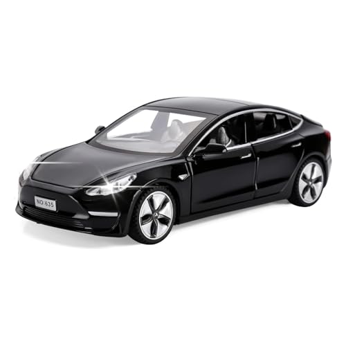 MODVKVK Tesla Model 3 1:32 Modellauto, Spielzeugauto mit Licht & Musik, Zurückziehfunktion, Legierungsdruckguss, Ideal für Kinder ab 3 Jahren & Sammler (Schwarz)