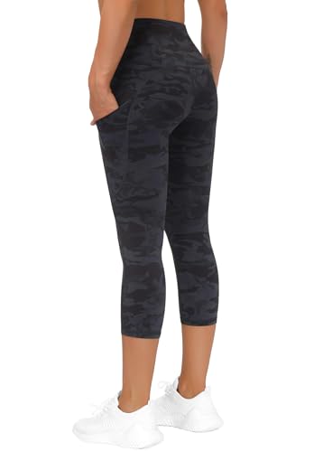 Image of THE GYM PEOPLE Thick High Waist Capris Yoga Pants with Pockets, Tummy Control Workout Running Yoga Leggings for Women