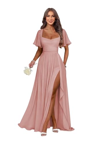 AKMESXAY Short Sleeve Chiffon Ruffle Slit Bridesmaid Dresses for Women Dusty Rose Pleated A Line Floor Length Cowl Neck Wedding Guest Dress Size 4