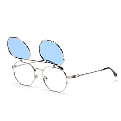 kachawoo Flip up Sunglasses for Men Polarized Clip on Sun Glasses Women Yellow Blue Shades Eyewear (silver with blue)
