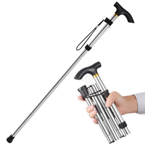 Favuit Bastone da passeggio pieghevole, regolabile in altezza, in alluminio, antiscivolo, portatile, con cinturino da polso e impugnatura a T, per anziani, uomini e donne (argento)