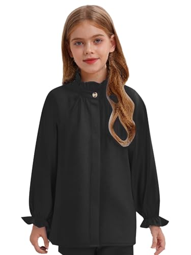 Kids Girls Puff Long Sleeve Button Down Dress Shirt Ruffle Collar Blouse Uniform Casual Fall Top2
