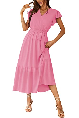 PRETTYGARDEN Women's Summer Floral Boho Maxi Dress Wrap Short Sleeve V Neck Ruffle A-Line Flowy Wedding Guest Long Dresses