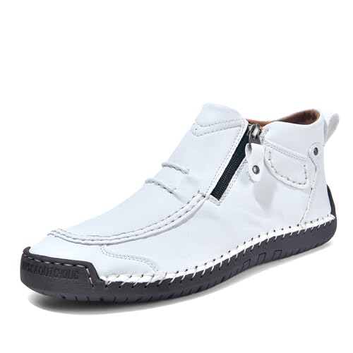 Mens Retro Leather Mid Top Slip On Ankle Chukka Boots with Side Zipper Lightweight Soft Non Slip Flat Heel Loafers for Casual Hiking Dress Formal Walking Driving Office