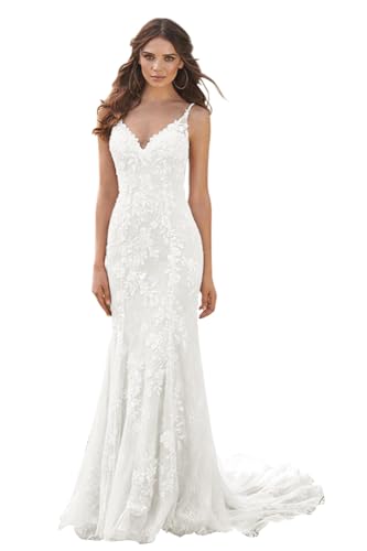 Mermaid Wedding Dresses for Bride 2025 Spaghetti Straps Lace Applique Long Bridal Gowns for Beach Wedding