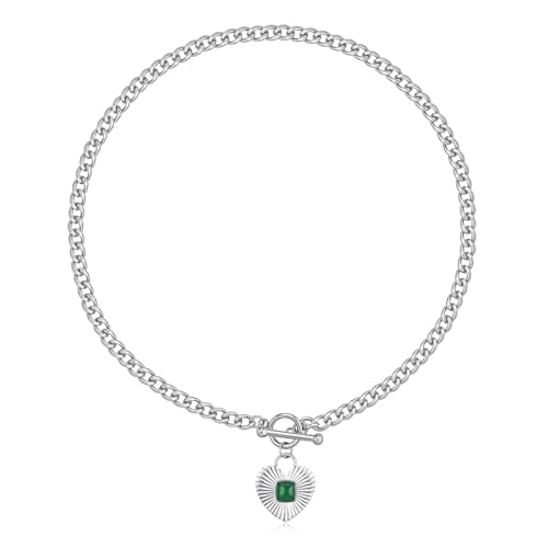 NUZON Chunky Sunburst Heart Pendant Necklace with Green Agate Solitaire Stainless Steel Silver Curb Cuban Thick Chain Toggle Bar Clasp Statement Jewelry for Women 18’’