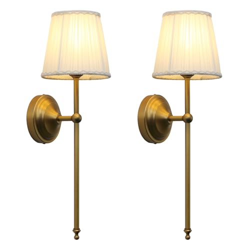 Image of Phansthy Hardwired Brass Boho Wall Sconces Set of 2, Vintage Industrial Wall Lights 2 Pack, Vanity Light Wall Lamps with Lace Gauze Shade for Bedroom Living Room Hallway Decor (Antique + White Shade)