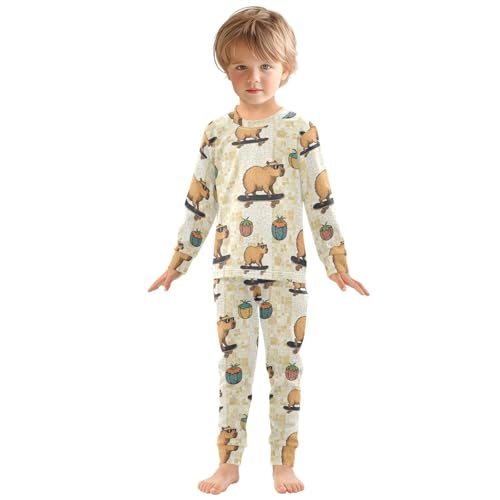 Pajama Sets Long Sleeve Capybara Riding Skateboard Soft Comfy Sleepwear 2 Piece PJS 3-8T2
