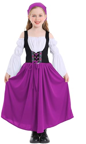 Happy Cherry Renaissance Dress for Kids Girls Medieval Princess Dresses Off Shoulder Bell Sleeve Victorian Dress 4-16Y