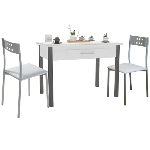 Conjunto de Mesa Extensible con 2 Sillas Cocina, Mesa Extensible 140 cm, Muebles de Cocina Blanco y Gris