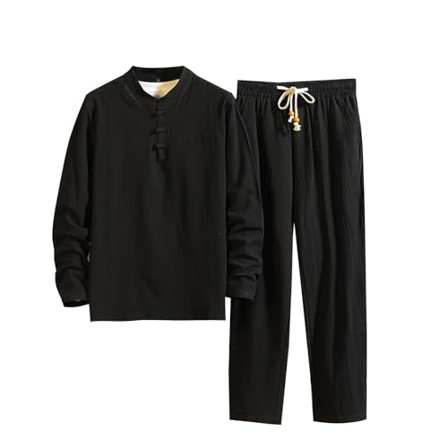 Ensemble lin hommes t-shirt manches longues pantalon noir grande taille 4XL