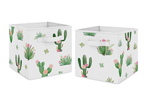 Image of Sweet Jojo Designs Pink and Green Boho Watercolor Organizer Storage Bins for Cactus Floral Collection - Set of 2