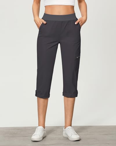GRAPENT Capri Cargo Pants for Women High Waisted Pull On Elastic Waist Stretch Twill Fold Hem Capris Pants with Pockets2