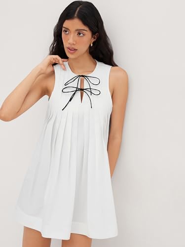 CIDER Babydoll Mini Dress Casual Tie Front Bow Pleated Short Sleeve Low Waist Crew Neck Dresses3