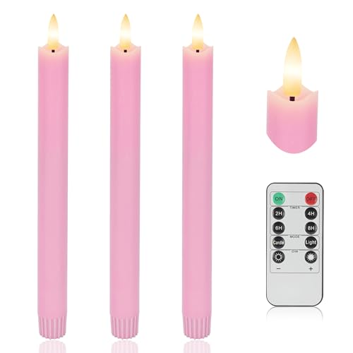 AFINETH Pink Flameless Taper Candles with Rmote, 9.6" Real Wax Battery Operated Candles with 3D Wick, 3 Pack Led Candlesticks Flickering, Electric Candlesticks for Home, Wedding, Party Decor by AFINETH - Used condition - US$16.22