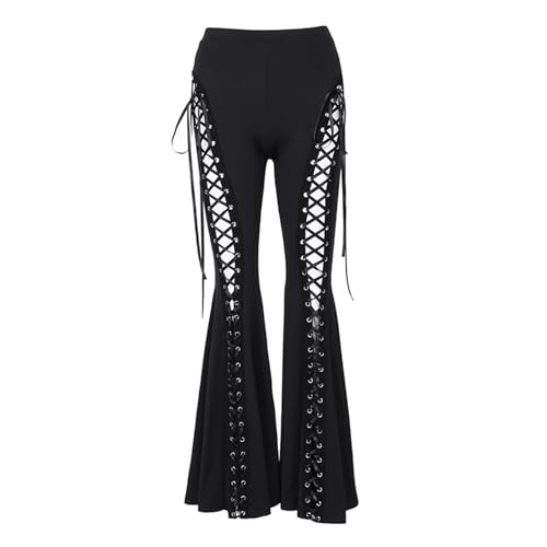 Women’s High Waist Rave Mesh Sheer Pants Flared Bell Bottom Pants for Rave Festival Dance Clubwear