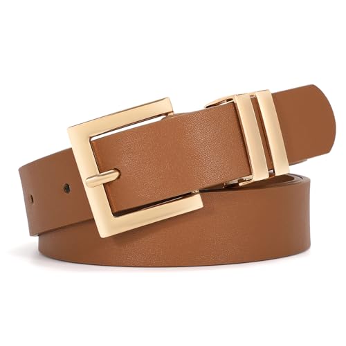SANSTHS Women's Leather Belt for Jeans Pants Dresses Fashion Ladies Belt Square Gold Buckle Waist...