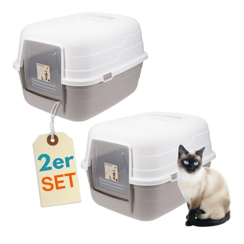 2er Set Katzenklo mit Deckel - Kippbare Haube - Aktivkohlefilter Katzenklo geschlossen Katzentoiletten Katzen Klo Hauben Toilette grau