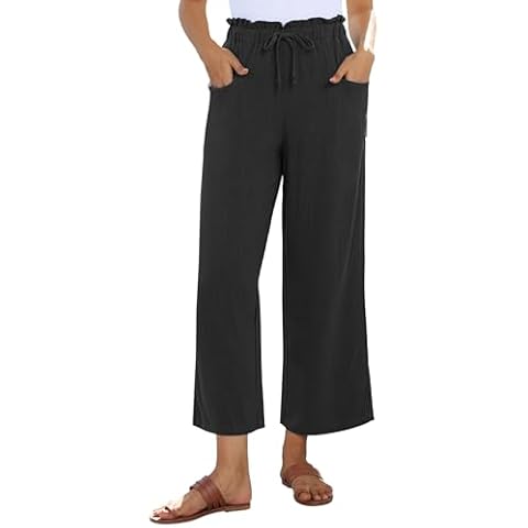 siliteelon Wide Leg Linen Pants for Women Summer Capri Palazzo Flowy Pants Casual Loose High Waist Trousers with Pockets Black Cover