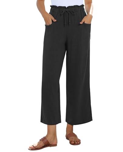 Image of siliteelon Wide Leg Linen Pants for Women Summer Capri Palazzo Flowy Pants Casual Loose High Waist Trousers with Pockets