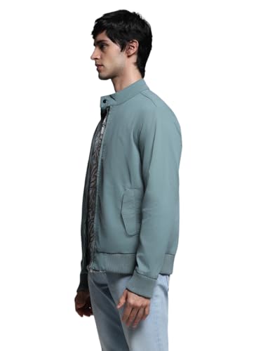Image of Jack & Jones Men's Mock Collar Solid Cotton Casual Bomber Jacket, Standard Length