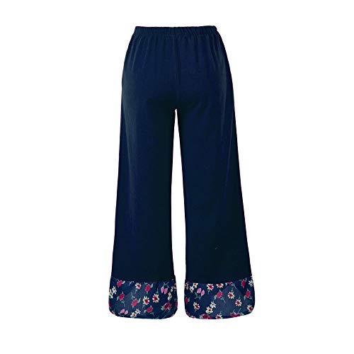 pedkit Calças femininas Estampa Floral Emendado Elástico Na Cintura Bolso Calças Perna Larga Casual