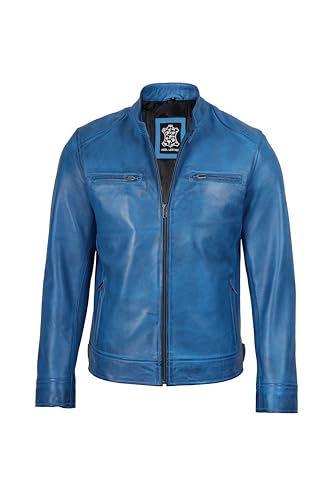 Image of fjackets Mens Leather Jacket - Real Lambskin Cafe Racer Jacket Stand Collar Moto Biker Zip Jacket For Men
