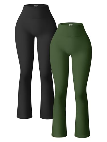 OQQ Women's 2 Piece Yoga Pants Ribbed Seamless Workout High Waist Bell Bottoms Flare Leggings Black ArmyGreen