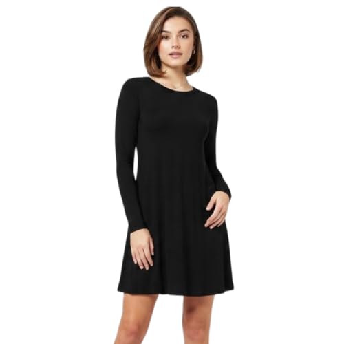 Image of LUXFAB Womens Plain Long Sleeve Stretch A Line Skater Dress – Flared Swing Tunic Top – Plus Size Casual T-Shirt Dress UK Sizes 8-26 Lightweight Stretch Black