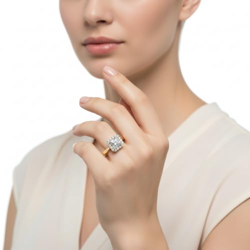 Image of Choose Your Gemstone Floating Halo Diamond CZ Ring Yellow Gold Plated Princess Shape Halo Engagement Rings Everyday Jewelry Wedding Jewelry Handmade Gifts for Wife US Size 4 to 12