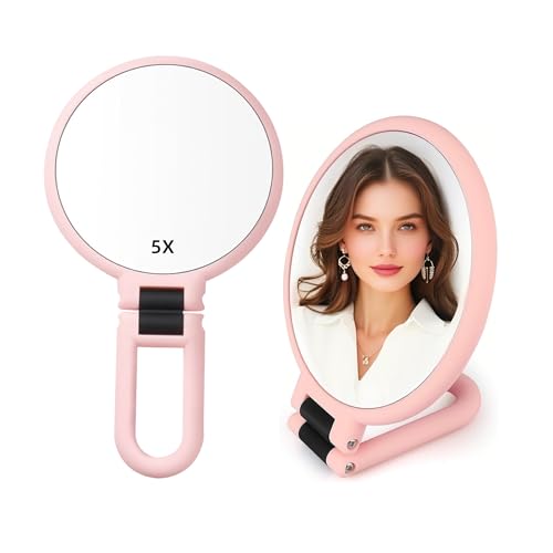 Stianiiie 1X 5X Handheld Mirror with Handle for Travel? Magnifying Mirror, Magnification, Rotation Adjustable Handle, Double Sided Folding, Mirror for Women for Eyes Makeup Travel Table Desk Shaving