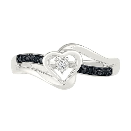 D-GOLD DGOLD Sterling Silver Round Diamond Black and White Heart Promise Ring (1/10 cttw)