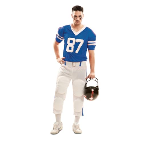 My Other Me Déguisement de joueur de rugby pour homme, taille M-L. Comprend un t-shirt bleu avec numéro 87 et rayures blanches, une ceinture et un pantalon blanc avec listes bleues et protecteurs