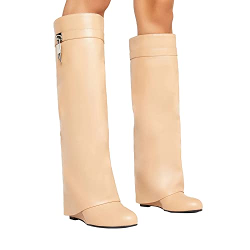 Image of Arqa Knee High Boots Womens Wedge High Heels Shark Boots Fold Over Pull-on Pointed Toe Tall Fashion Boots for Women