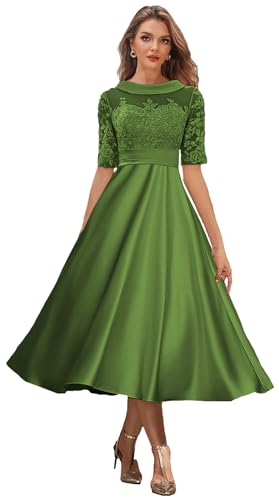 Satin Mother of The Bride Dresses for Wedding Tea Length Evening Gown Corset Lace Formal Dress with Sleeves4