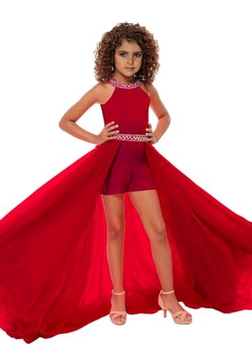 Fun Fashion Pageant Wear Girls Halter Neck Girls Sequin Romper with Attached Cape Pageant Fun Fashion Dress