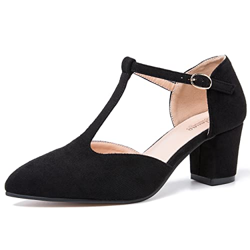 Enelauge Women's T-Strap Mary Jane Pumps Pointed Toe Ankle Strap Buckle Chunky Block Heel D'Orsay Sandals Dress Shoes