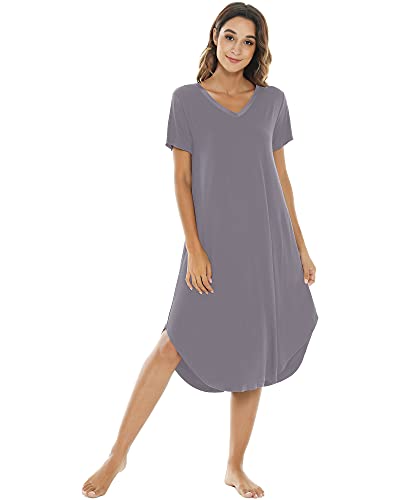 Nachila Womens Bamboo Nightgown V Neck Loungewear Short Sleeve Sleepwear Side Slit Soft Nightwear Dark Grey L #TOP9