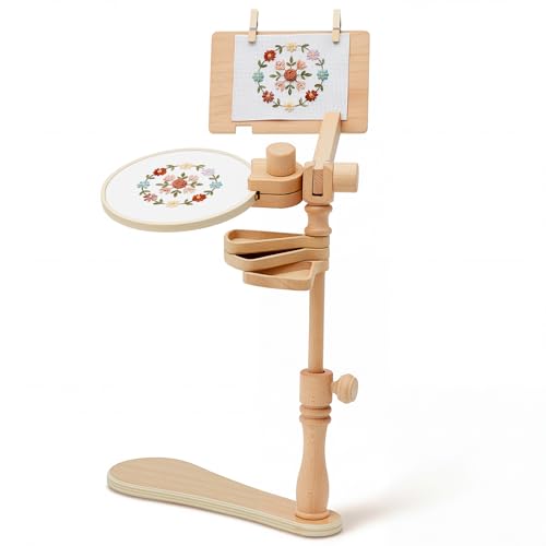 Nuanchu Embroidery Hoop Stand Adjustable Cross Stitch Stand Rotated Embroidery Holder with Storage Trays for Sitting Needlework Crafting and Sewing Projects(Hoop Not Included)