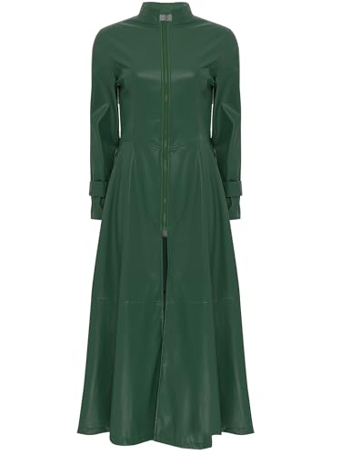 Freebily Damen Ledermantel Lang PU Leder Jacke Trenchcoat Stehkragen Mit Reißverschluss Leder Kleid Maxi Matrix Kostüm Dunkelgrün XL