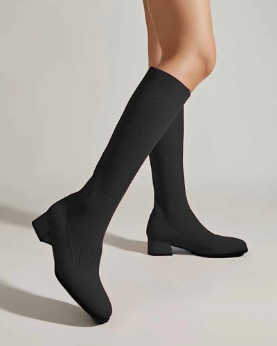 Women's Knee High Knit Chunky Heel Non-Slip Boots - Warm Stretch Winter Booties, Slip-Resistant Sole for Commute & Casual Wear2