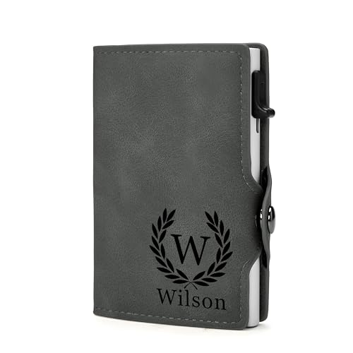 EDSG Personalized Slim Wallet for Men Leather Wallet Card Holder Custom Mens Wallet Smart Pop-up Credit Card Case Gifts for Men Husband Birthday Christmas Fathers Day Valentine (Gray, Design 1)