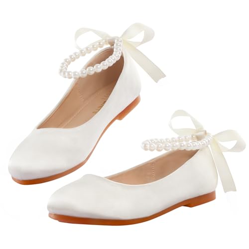 MEJORMEN Girls Dress Shoes Toddler Mary Jane Ballet Flats Princess Lace-Up Pearl Ankle Strap Dress Shoes for Flower Girls Wedding Party School