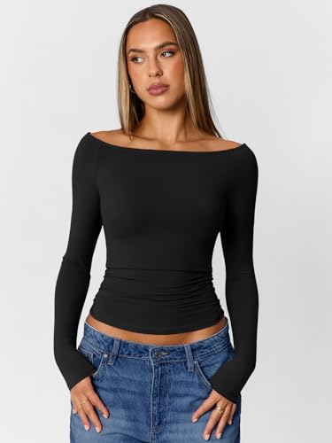 Trendy Queen Womens Boat Neck Long Sleeve T Shirt Fall Crop Top Fitted Basic Tee Going Out Fashion Clothing2