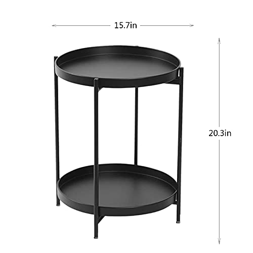Nukee Black Folding End Table 2-Tier Metal Round Side Table With Removable Tray For Living Room(Black) #TOP2