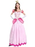 New front Disfraz de Princesa Peach Largo Vestido Adulto Mujer Mangas cortas Elegancia Moda Cosplay Navidad Cumpleaños Fiesta Costume Carnaval Halloween Con Accesorios,Rosa,S